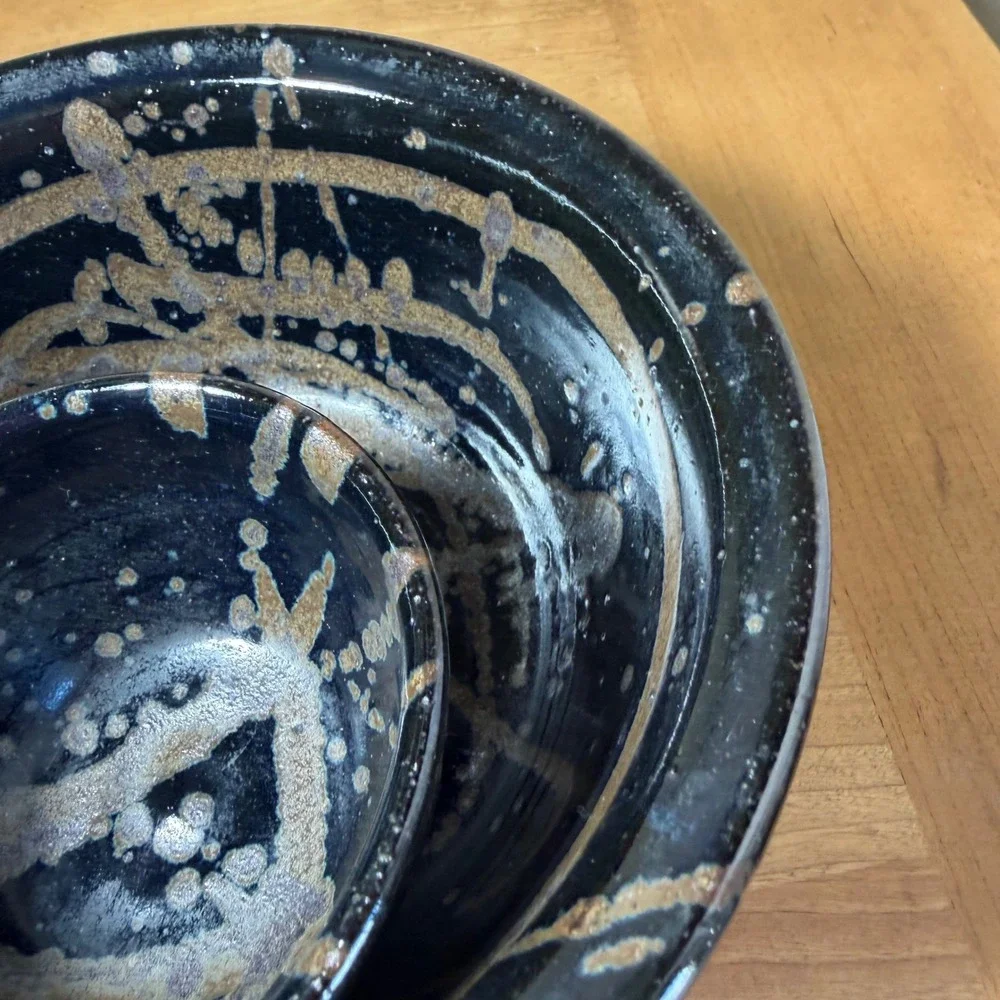 Jepson Handmade Ceramic Chip and Dip Bowl Set Blue Tan Splatter Stoneware